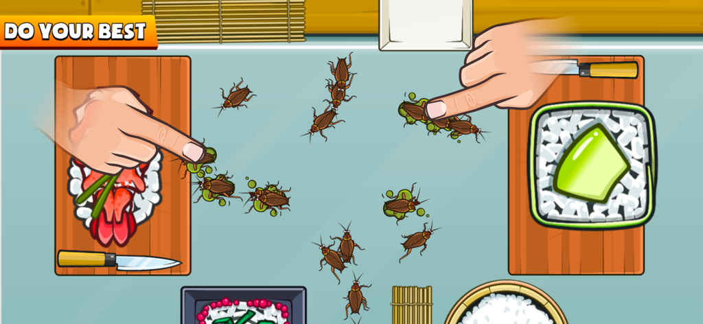 Zombie Party - 1 2 3 4 player - Two players competing to squash cockroaches in a sushi themed mini game on a single device