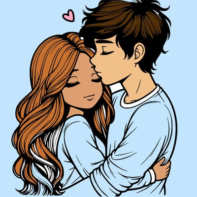 a realistic couple boy and girl hugging and kissing