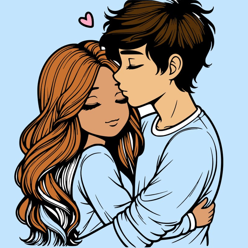 a realistic couple boy and girl hugging and kissing