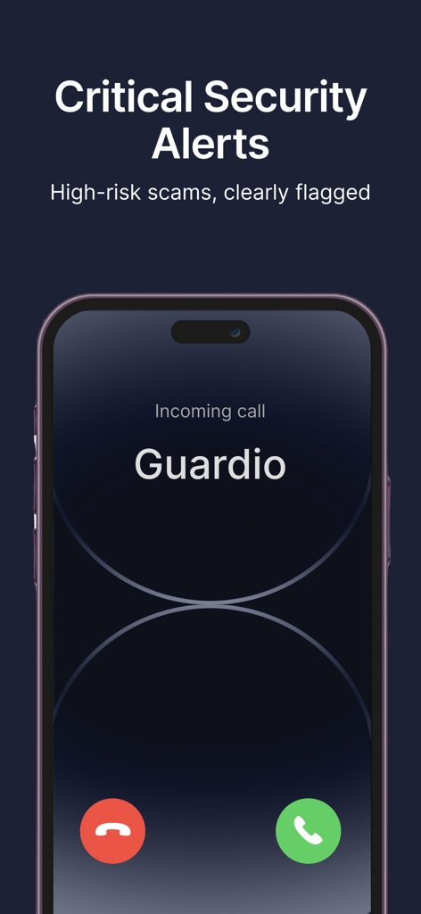 Guardio - Mobile Security - Pantalla de teléfono inteligente que muestra una alerta de seguridad crítica de la aplicación Guardio para la detección de estafas de alto riesgo