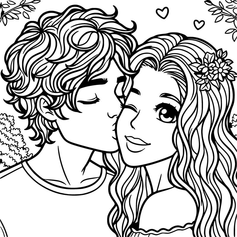 20-year-old boy with curly hair giving a kiss on the cheek to a 20-year-old girl with long hair