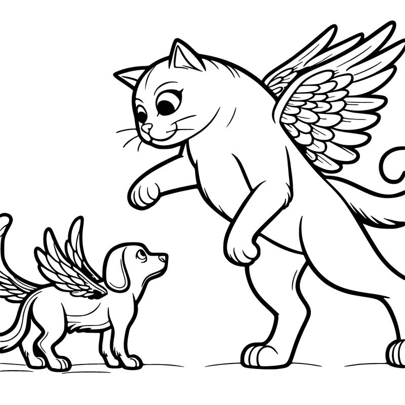 a giant cat with wings and a giant dog with wings fighting. giant cat