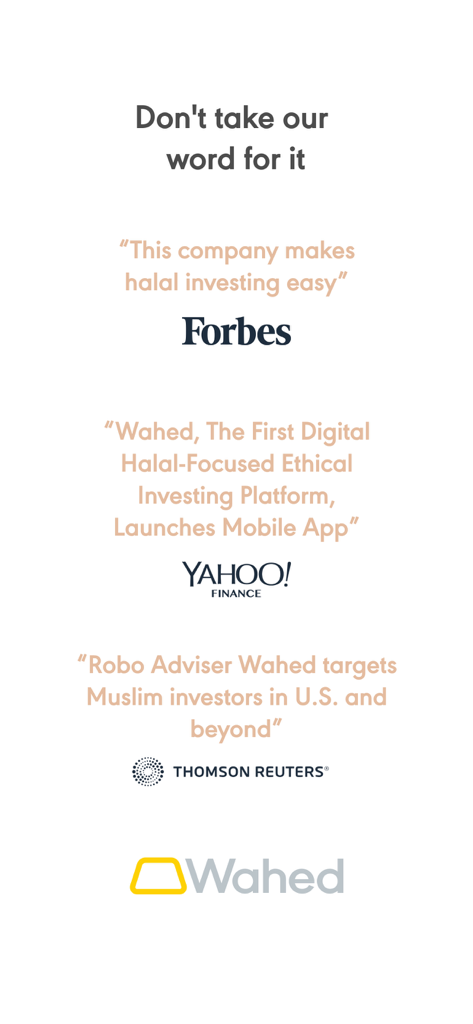 Wahed - Media endorsements for Wahed from Forbes Yahoo Finance and Thomson Reuters