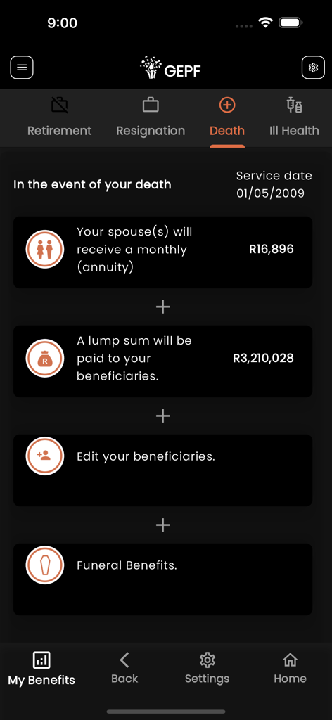 GEPF Self Service - Screenshot of the GEPF Self Service app showing death benefit estimates for spouses and beneficiaries