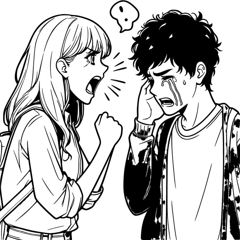 teenage girl yelling at a teenage boy and he's crying realistic