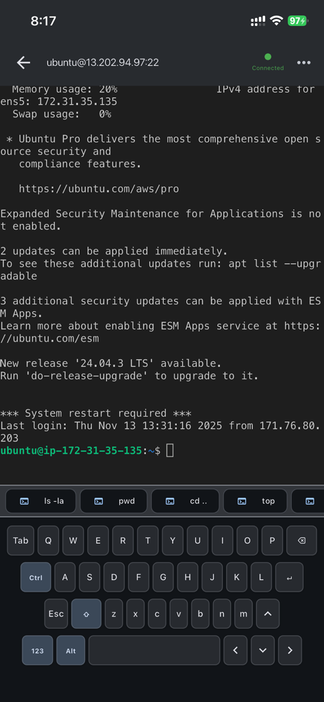 リモートサーバーのコマンドラインとカスタムキーボードショートカットを示すiPhone上のアクティブなSSHターミナルセッション