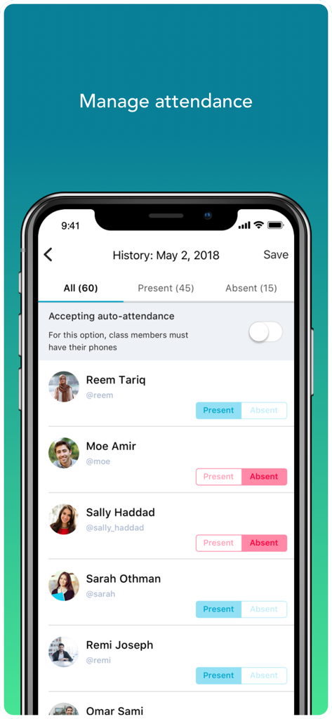MyU - Interactive Learning - MyU app interface showing a list of students for class attendance tracking