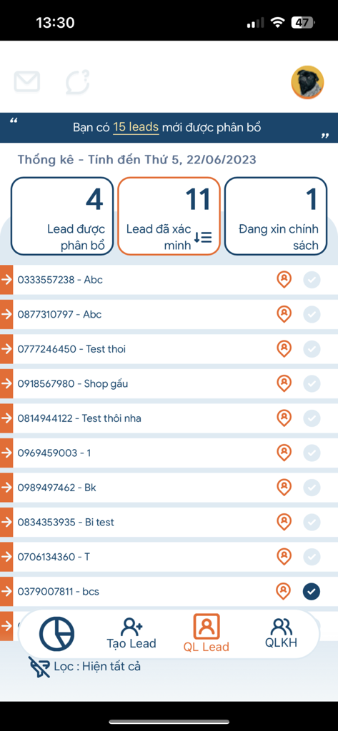 GHN - Nhanh KH - Lead management interface of the GHN app showing statistics for allocated and verified leads.
