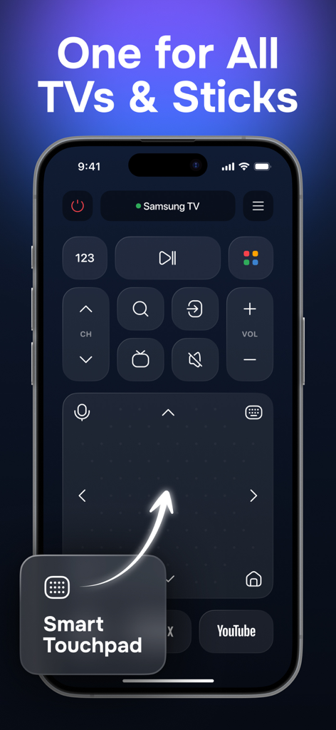 Universal TV Remote Control․ - La app RIMO en iPhone mostrando una interfaz de control remoto universal de TV con un touchpad inteligente y controles de TV Samsung.