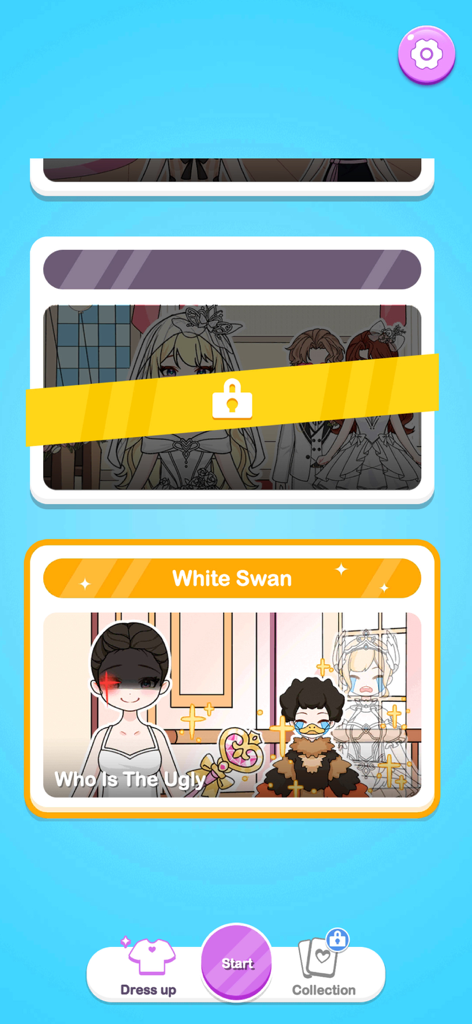 Which Dress? Left or Right - A mobile game level selection screen for Which Dress showing various fashion challenges including a locked wedding theme and a White Swan level.
