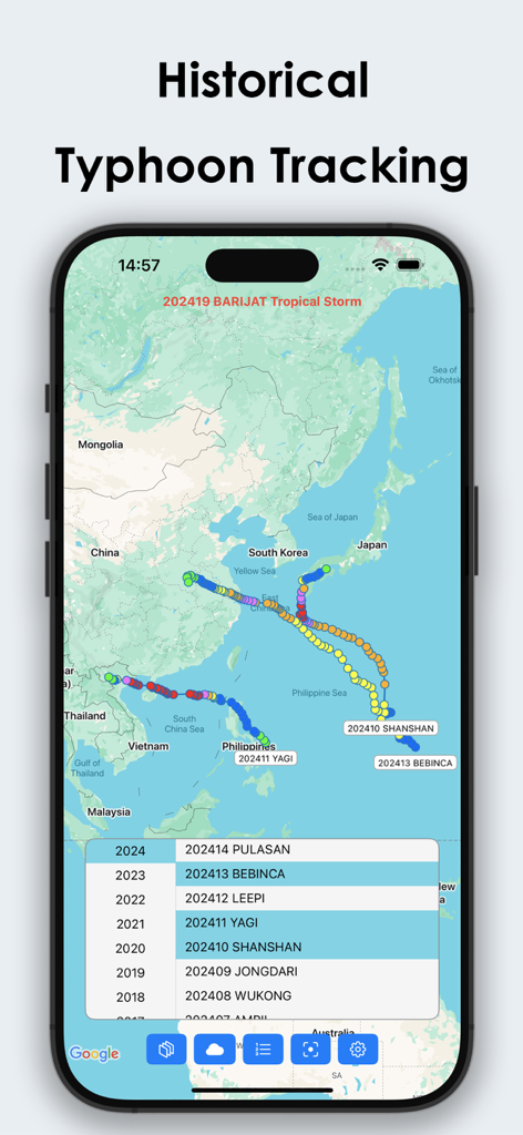 Typhoon Tracker - Real-time - Map view of the Typhoon Tracker app displaying historical storm paths across East Asia