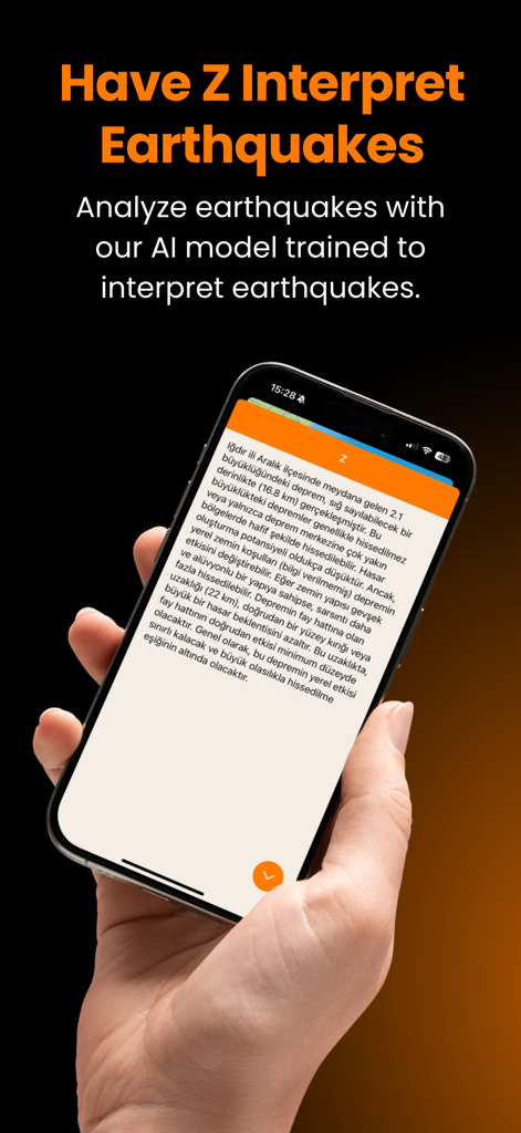 Smartphone screen showing AI-driven earthquake interpretation and analysis within the Zelzele app