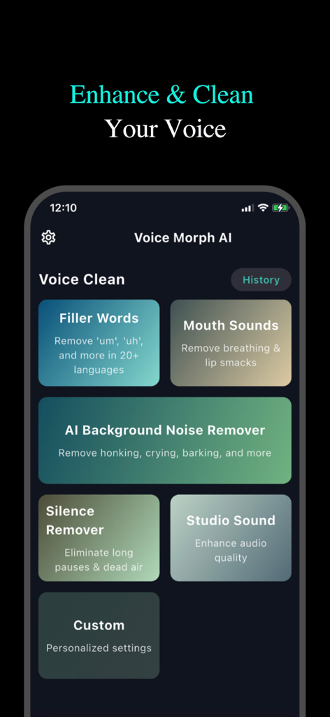 Voice Morph AI: Voice Studio - Voice Morph AI app screen showing audio cleaning tools like background noise remover and studio sound enhancement.