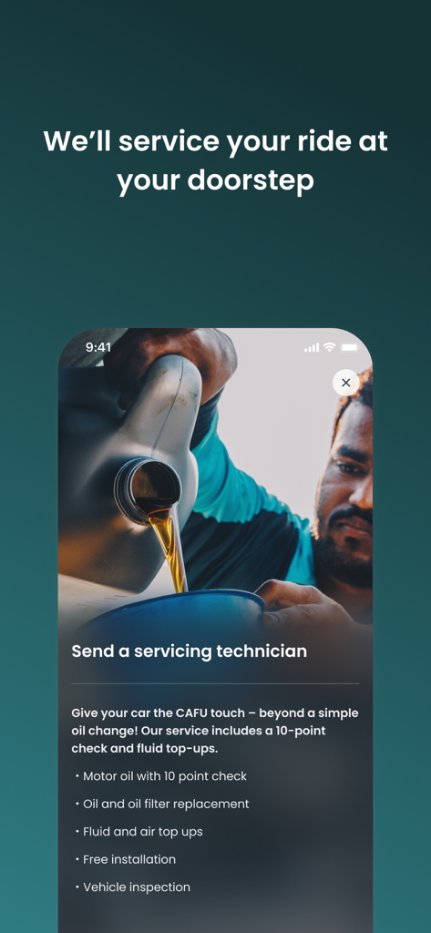 CAFU Fuel & Car Service To You - A mobile app screen for CAFU showing on-demand doorstep car servicing and oil change options