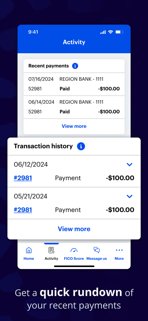 Sallie Mae - Sallie Mae app screen showing recent student loan payments and transaction history