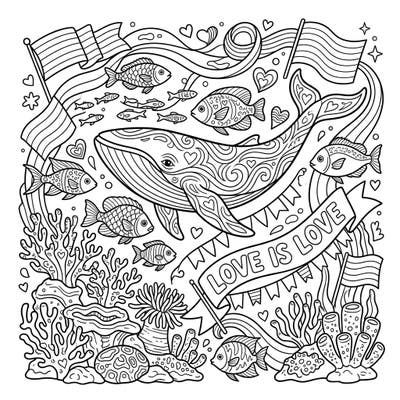 Immerse yourself in a beautiful underwater world celebrating diversity and love with this Digital Ocean Life Pride coloring page. Featuring a magnificent whale, playful fish, and vibrant coral, it's a perfect tribute to Pride Month.