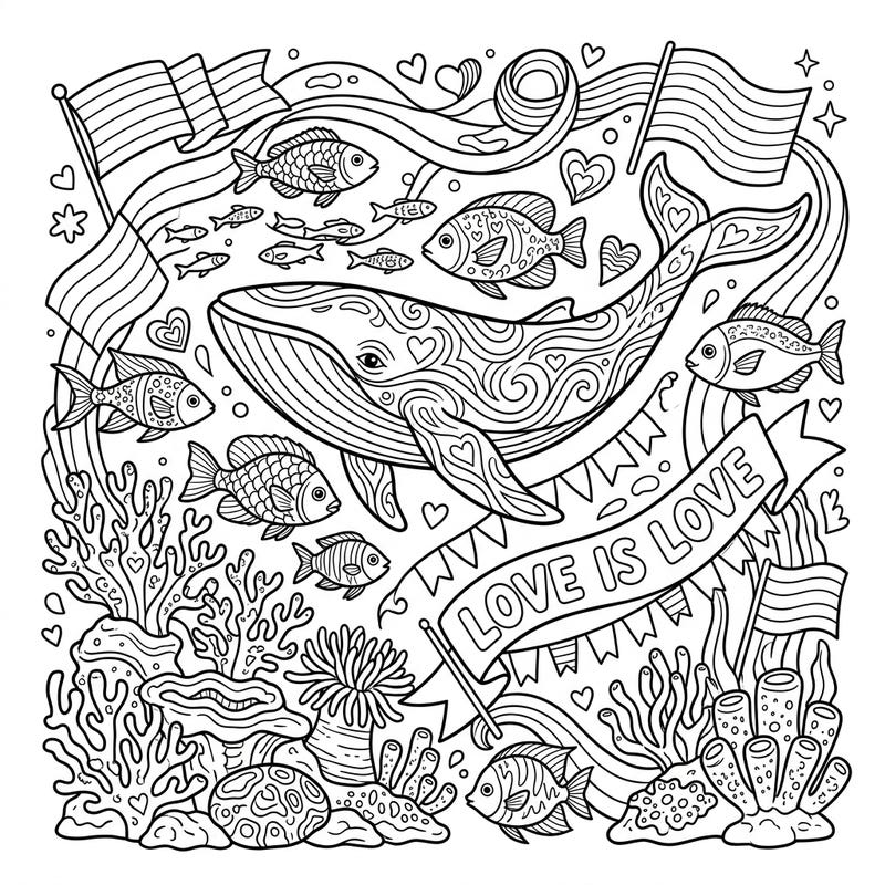 Immerse yourself in a beautiful underwater world celebrating diversity and love with this Digital Ocean Life Pride coloring page. Featuring a magnificent whale, playful fish, and vibrant coral, it's a perfect tribute to Pride Month.
