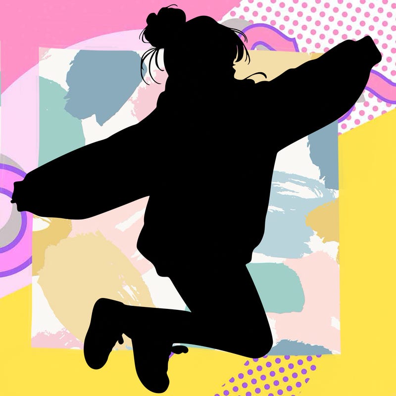 realistic girl jumping with a bun and oversized sweatshirt