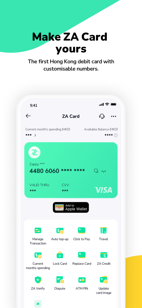 ZA Bank mobile app interface showing a virtual green Visa debit card and various banking feature icons