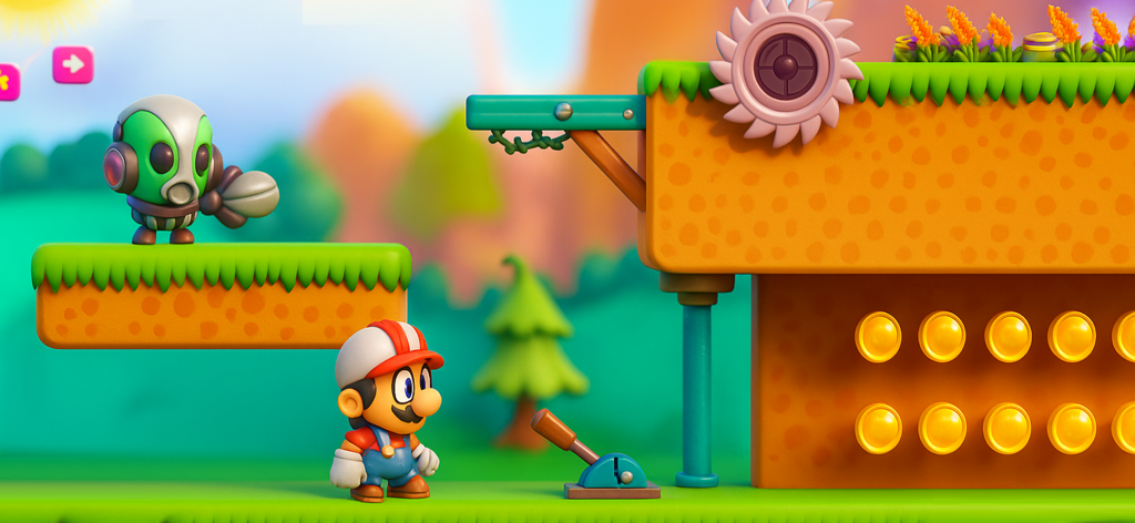 Super Adventure : Pepe - Pepe character standing near a lever and gold coins in a classic 2D platformer level