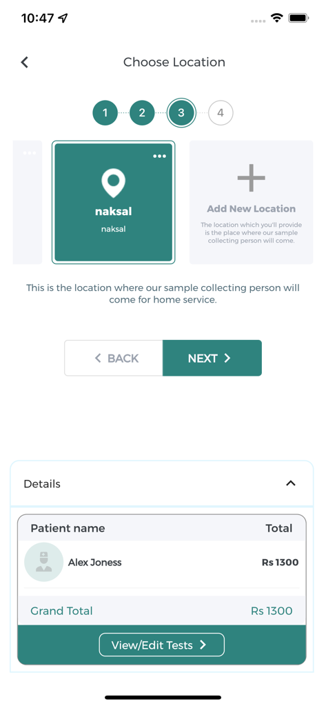 Choose location screen in Cura Health app for home sample collection service