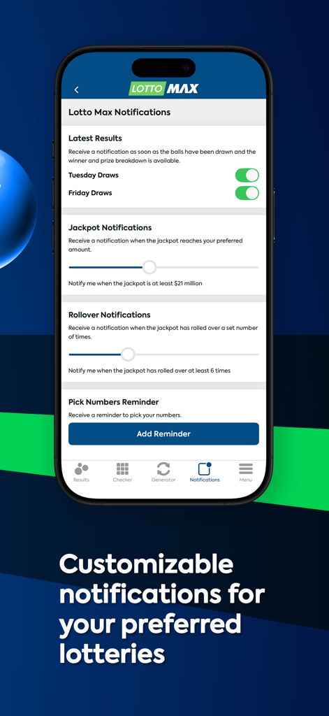 Interfaz de la app Lotto Max mostrando notificaciones personalizables de bote y sorteos