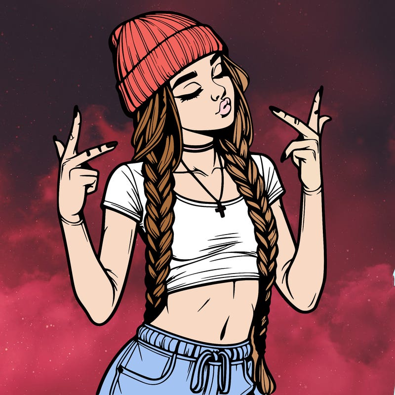 realistic teenage girl with braids and a beanie and crop top doing 🫶🏼