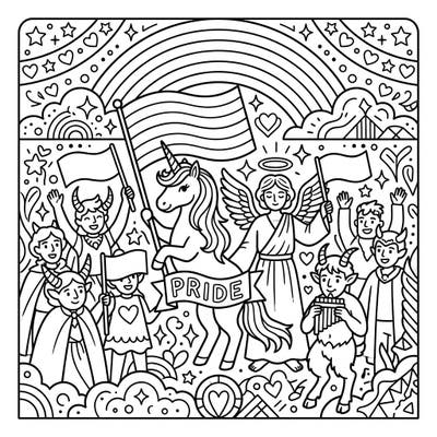 Embrace the spirit of inclusion with this unique coloring page featuring mythological figures celebrating Pride. Discover a vibrant scene filled with iconic symbols of love and diversity, perfect for all ages to enjoy.