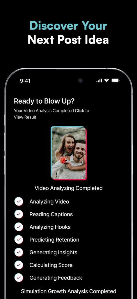 Go Viral: AI Video Analysis - Une capture d'écran de l'application Go Viral montrant une analyse vidéo IA terminée avec une liste de contrôle des métriques d'engagement.