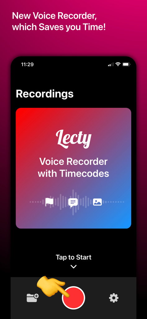 Voice Recorder with Timecodes - La pantalla de inicio de la aplicación de grabación de voz Lecty que muestra un gran botón rojo de grabar e iconos para añadir códigos de tiempo, marcadores y fotos.