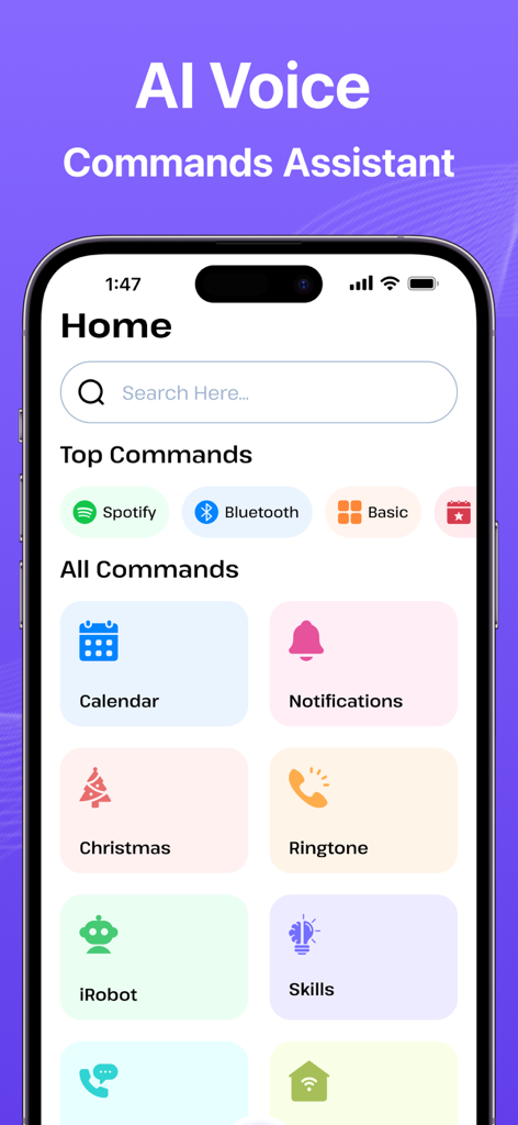 AI Voice Commands Assistant - Home screen of the AI Voice Commands Assistant app featuring categories for Spotify, Bluetooth, and smart home commands