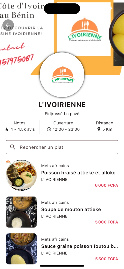 MAC Eats - Tela de menu de restaurante no aplicativo MAC Eats mostrando itens de comida africana e preços para L Ivoirienne