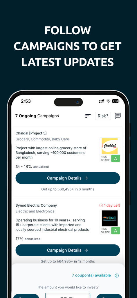 biniyog.io - A list of Shariah compliant investment campaigns on the biniyog.io app showing business details and profit rates