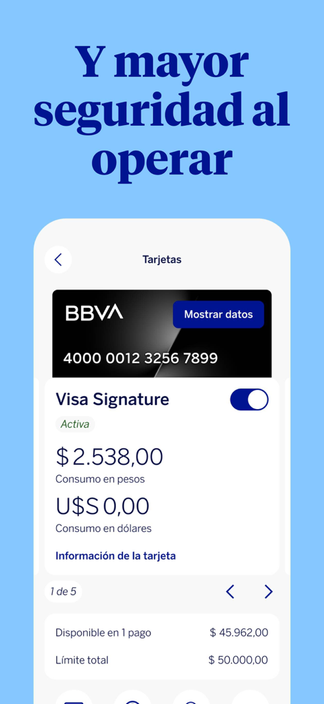 BBVA Argentina - Screenshot der BBVA Argentinien App, die eine Visa Signature Karte und Sicherheitsoptionen zeigt