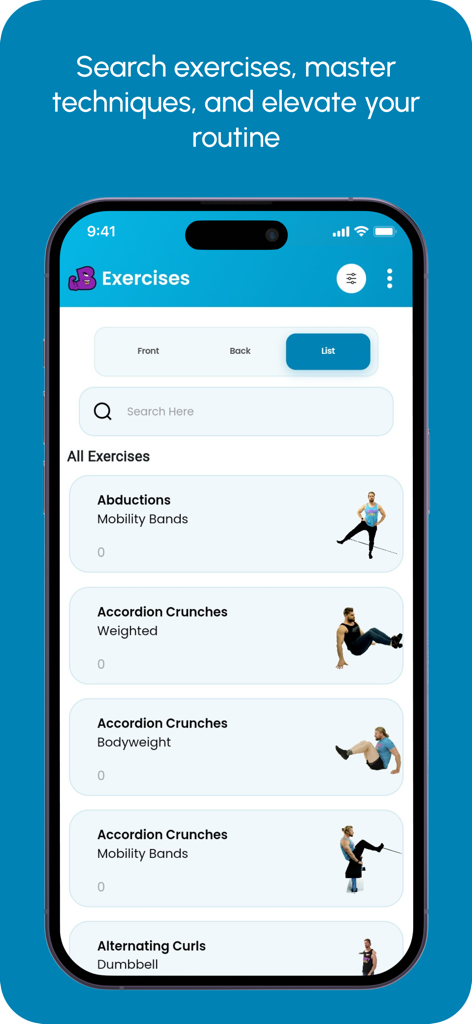 BUFF | Gym Workout Tracker - Buff app exercise library screen showing a search bar and a list of exercises with video demonstrations