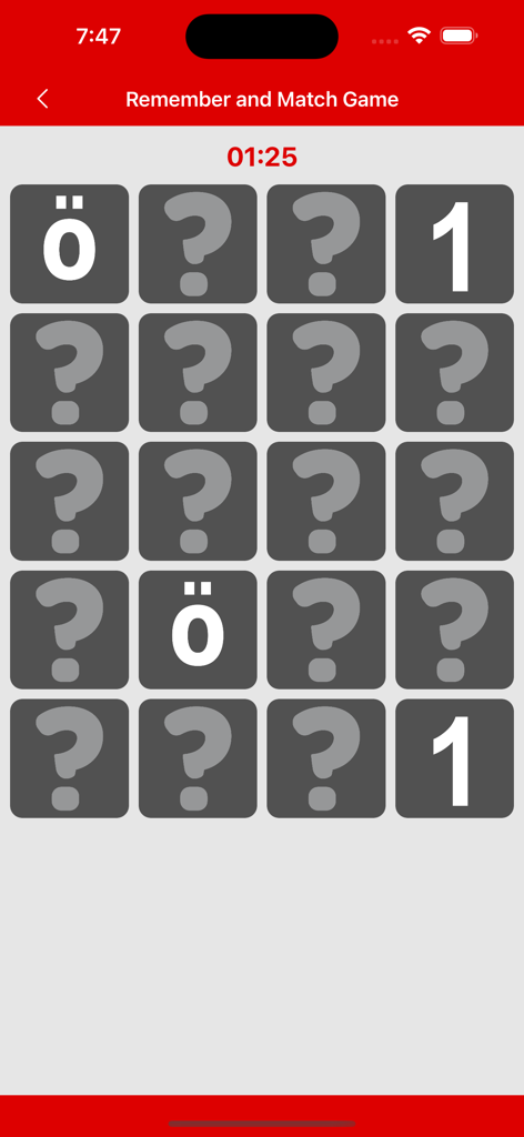 Write German Alphabet - ドイツ文字と数字が登場する記憶マッチングゲームのプレイ画面。