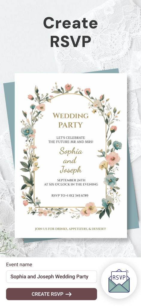 A floral wedding invitation design for Sophia and Joseph with an RSVP creation tool.