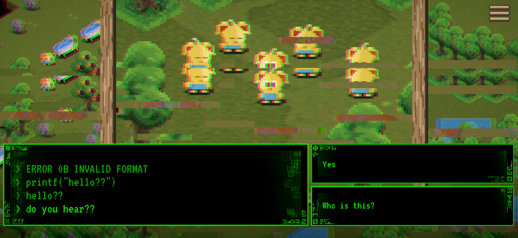 Black Mirror: Thronglets - Pantalla de jugabilidad retro de pixel art de Black Mirror Thronglets con fallos visuales y un cuadro de diálogo de terminal verde.