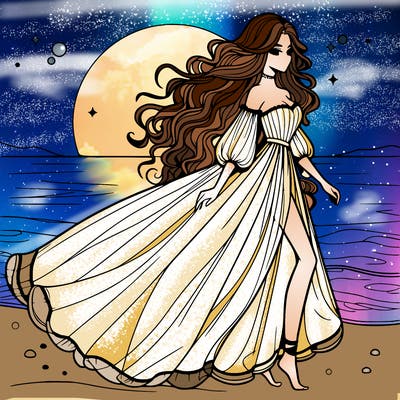 beautiful woman with a vaporous long dress walking on the beach at the noon, detailed art