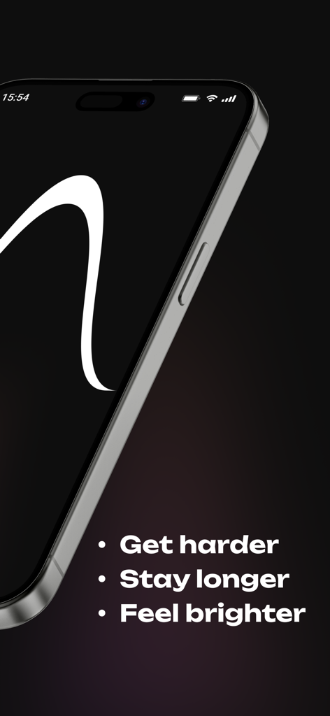 iPhone screen displaying Rino app benefits: Get harder, Stay longer, and Feel brighter