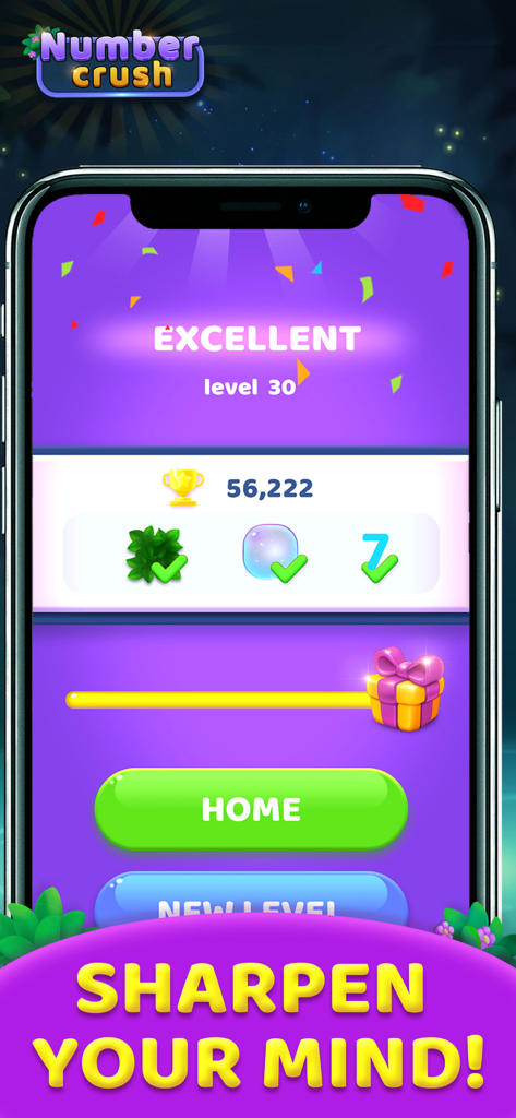 Number Crush: Match Ten Puzzle - 보상 선물과 마음을 날카롭게 하라는 슬로건이 있는 넘버 크러쉬 텐 매치 퍼즐 게임의 레벨 30 완료 화면