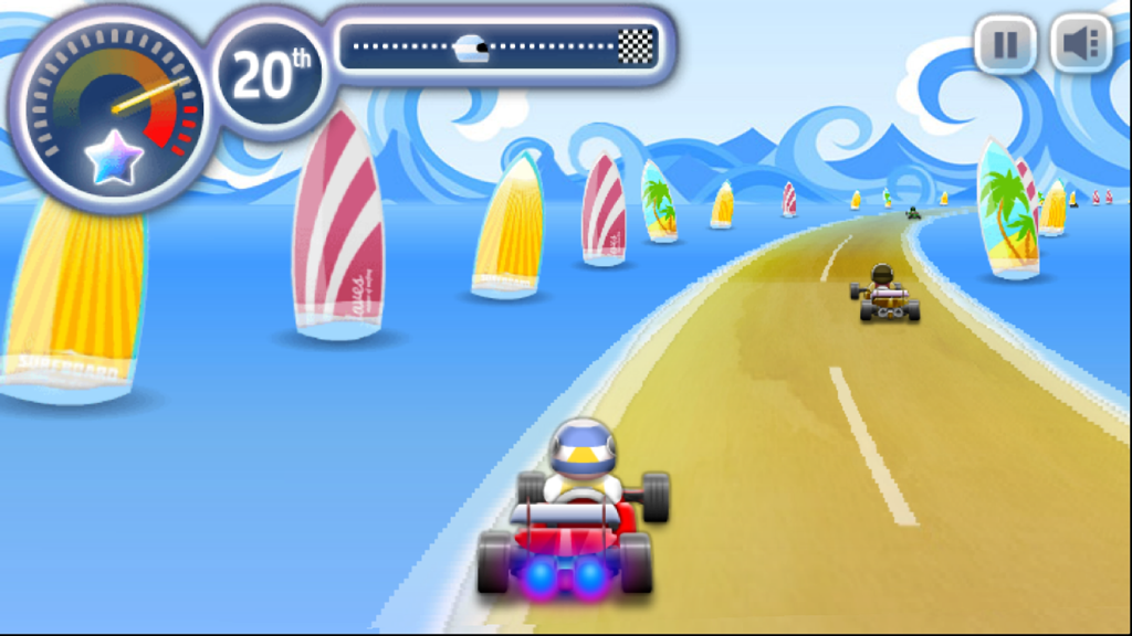 卡丁车赛车手 - 亡命车手的卡丁车竞速 - Arcade kart racer driving on a beach track with colorful surfboards