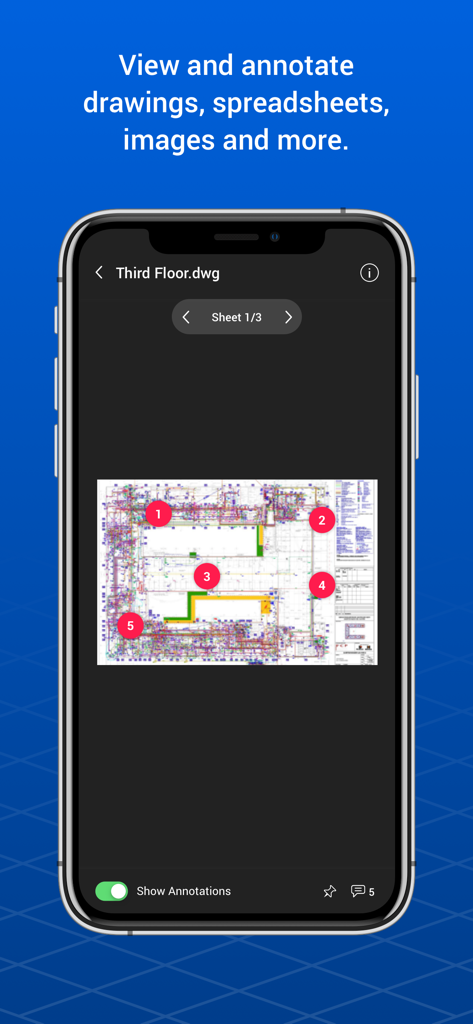 Bricsys 24/7 app showing a technical floor plan with numbered annotations