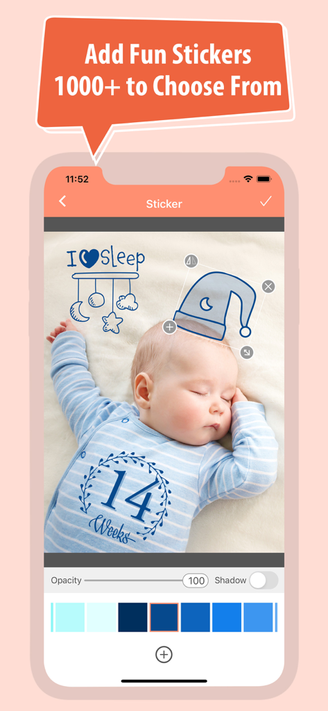 Screenshot of Baby Photo Editor app showcasing a sleeping baby with milestone and decorative stickers