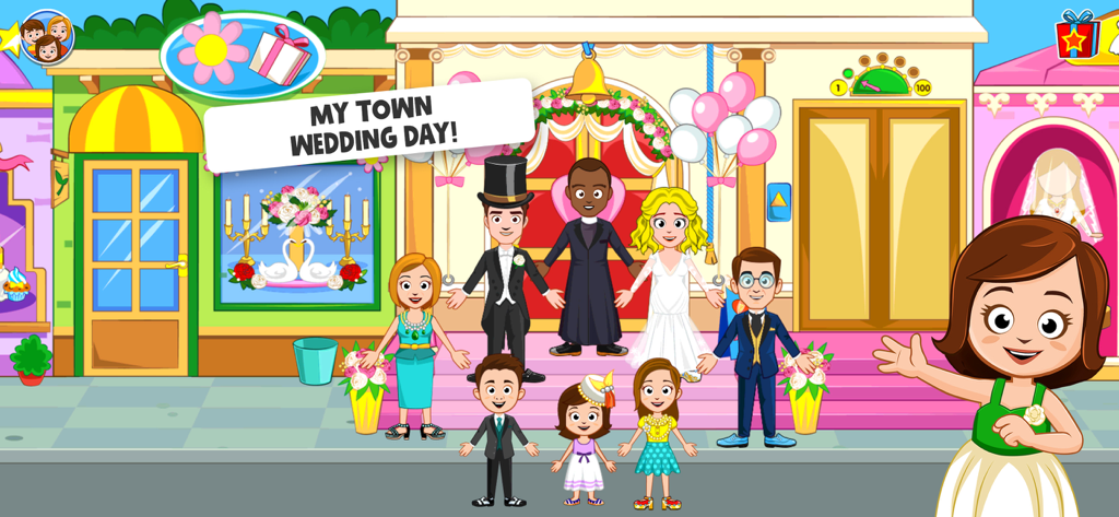 My Town - Plan a Wedding Day - マイタウンの結婚式で、花嫁、花婿、ゲストたちがお祝いしているカートゥーン