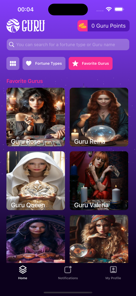 Guru Tarot - Uma seleção de leitores de tarot e videntes especialistas na interface do aplicativo Guru Tarot.