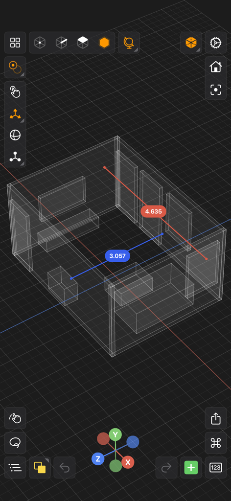 Un modello di stanza wireframe 3D con annotazioni di misurazione nell'interfaccia dell'app Valence 3D