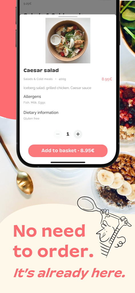 Gus Foods - Gus Foodsアプリのインターフェースには、シーザーサラダの詳細と栄養情報が表示されています。