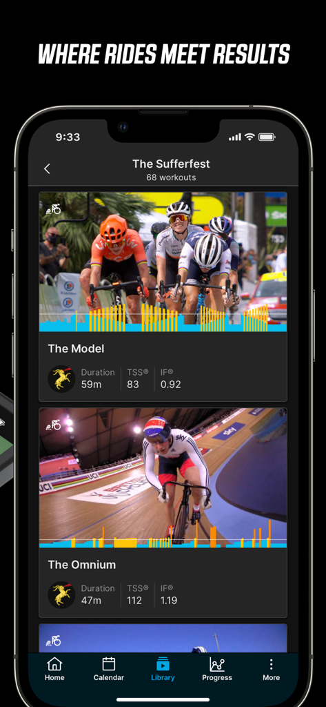 Wahoo SYSTM - Wahoo SYSTM app displaying The Sufferfest indoor cycling workout library with performance metrics and professional race footage.