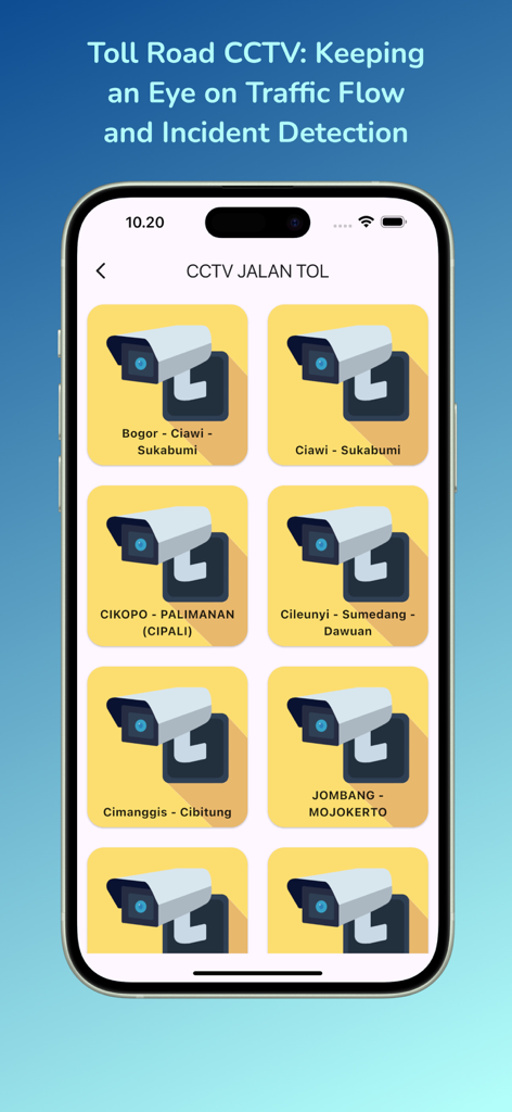 Screenshot dell'iPhone dell'app del traffico indonesiana che visualizza una griglia di posizioni di telecamere CCTV per varie strade a pedaggio